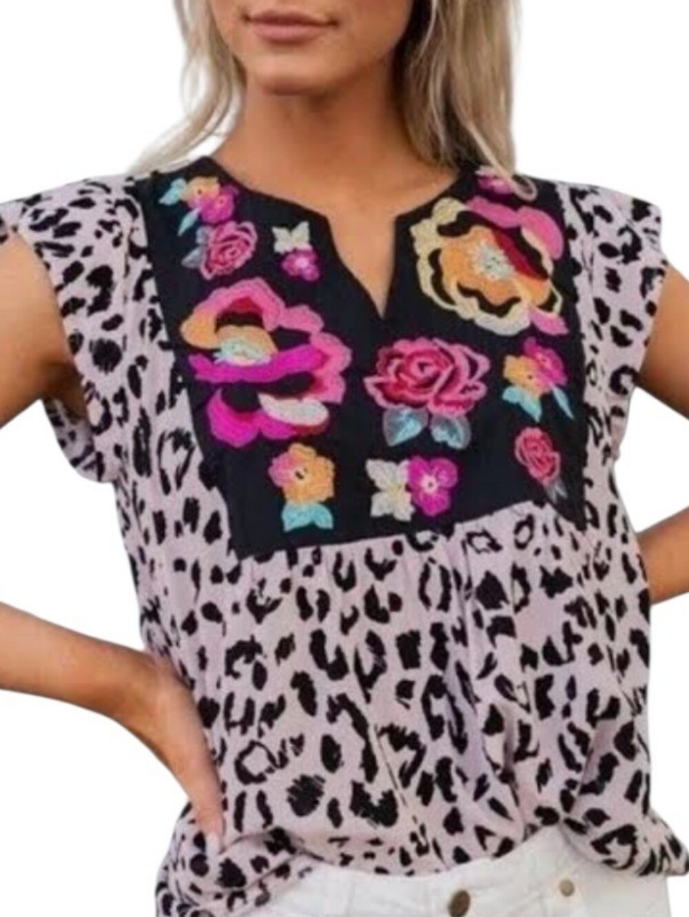 Savanna Jane Embroidered Animal Print Cap Sleeve Blouse Size S Vibrant Boho Pink